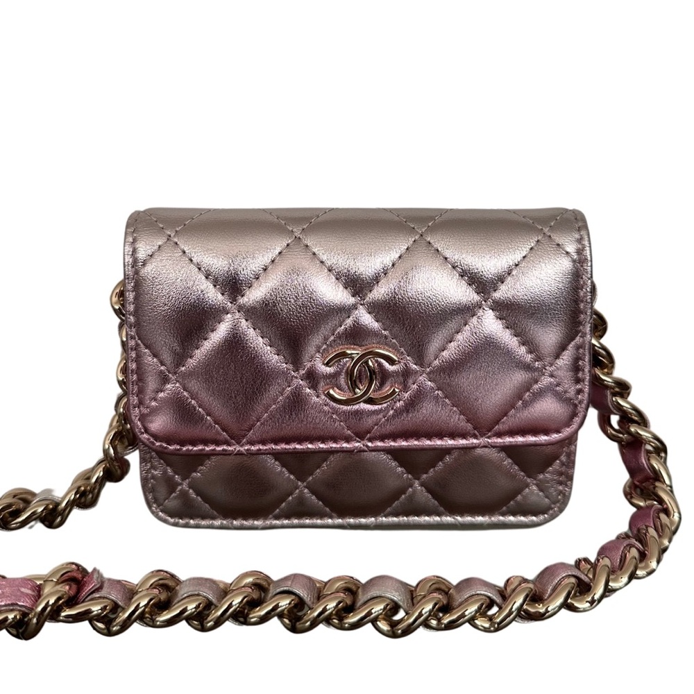 RARE Chanel Coco Punk Metallic Iridescent Ombre Waist Belt Bag Silver Pink